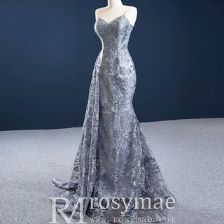 High-end Grey Mermaid Evening Dress with Spaghetti Strap - Rosymae
