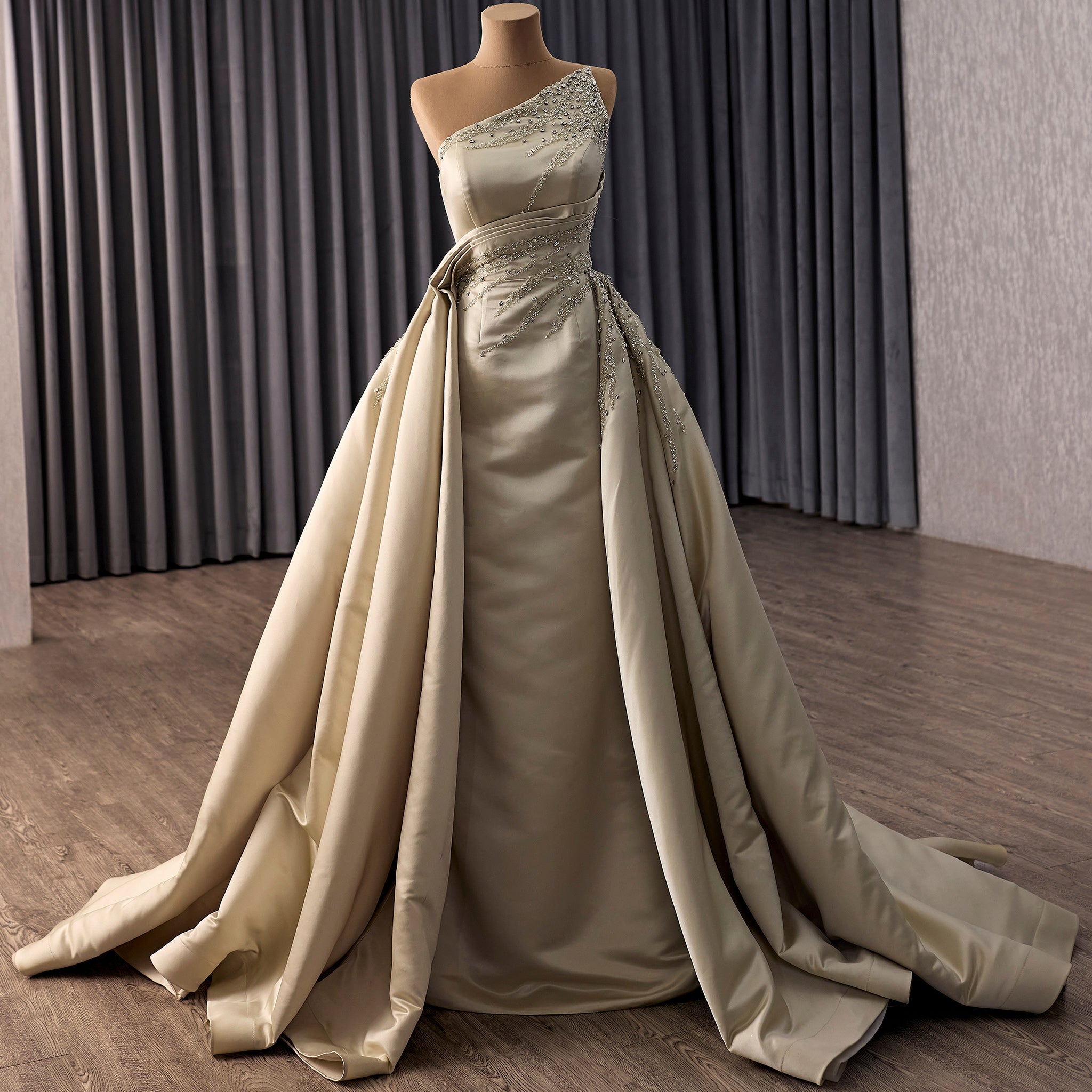 High-End Handmade Beaded Asymmetrical Prom Dress with Overskirt Pale Yellow / Custom Size