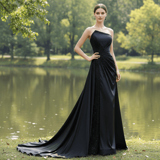 High-end Handmade Beading Evening Dress with Asymmetrical Neck - Rosymae