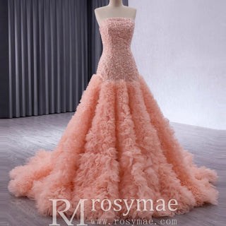 High-end Handmade Ruffles Prom Dress Strapless Formal Gown - Rosymae