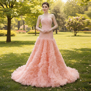 High-end Handmade Ruffles Prom Dress Strapless Formal Gown - Rosymae