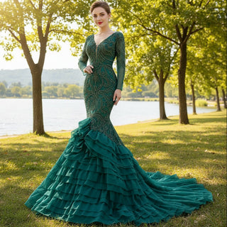 High-end Hunter Green Cascading Ruffles Prom Dress Long Sleeve - Rosymae