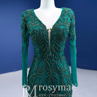 High-end Hunter Green Cascading Ruffles Prom Dress Long Sleeve - Rosymae