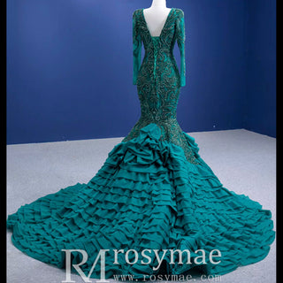 High-end Hunter Green Cascading Ruffles Prom Dress Long Sleeve - Rosymae