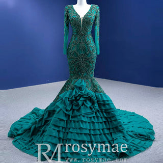 High-end Hunter Green Cascading Ruffles Prom Dress Long Sleeve - Rosymae