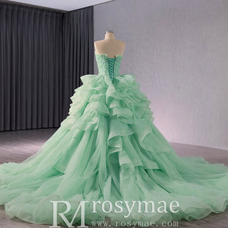 High-end Light Green Ruffles Prom Gown Ball Gown Quinceanera Dress - Rosymae