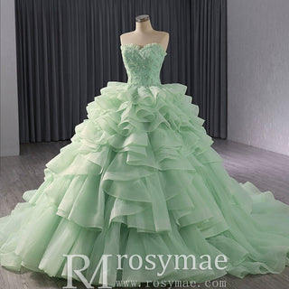 High-end Light Green Ruffles Prom Gown Ball Gown Quinceanera Dress - Rosymae