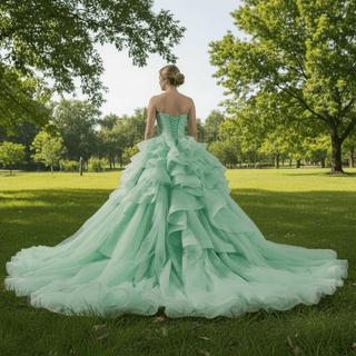 High-end Light Green Ruffles Prom Gown Ball Gown Quinceanera Dress - Rosymae