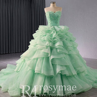 High-end Light Green Ruffles Prom Gown Ball Gown Quinceanera Dress - Rosymae