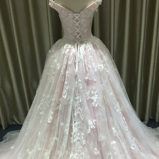 High-end Light Pink Ball Gown Pink Wedding Dress with Off the Shoulder - Rosymae