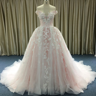 High-end Light Pink Ball Gown Pink Wedding Dress with Off the Shoulder - Rosymae