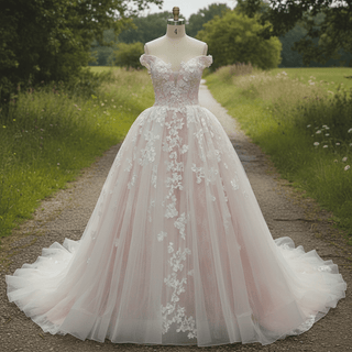 High-end Light Pink Ball Gown Pink Wedding Dress with Off the Shoulder - Rosymae