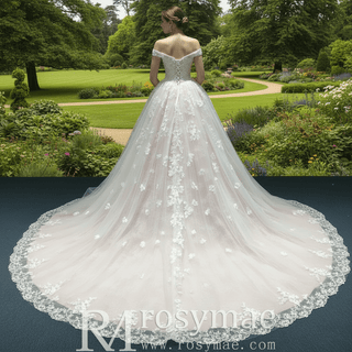 High-end Light Pink Ball Gown Pink Wedding Dress with Off the Shoulder - Rosymae