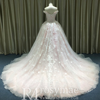 High-end Light Pink Ball Gown Pink Wedding Dress with Off the Shoulder - Rosymae