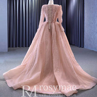 High-end Long Sleeve Ball Gowns Evening Pageant Dress with Pearl Beaded - Rosymae