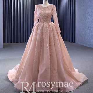 High-end Long Sleeve Ball Gowns Evening Pageant Dress with Pearl Beaded - Rosymae