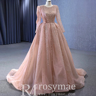 High-end Long Sleeve Ball Gowns Evening Pageant Dress with Pearl Beaded - Rosymae