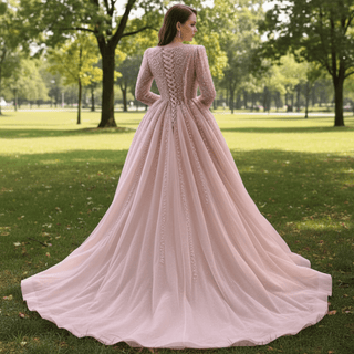 High-end Long Sleeve Ball Gowns Evening Pageant Dress with Pearl Beaded - Rosymae