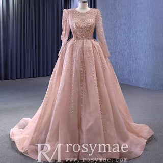 High-end Long Sleeve Ball Gowns Evening Pageant Dress with Pearl Beaded - Rosymae