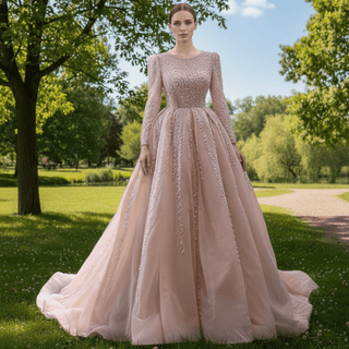 High-end Long Sleeve Ball Gowns Evening Pageant Dress with Pearl Beaded - Rosymae