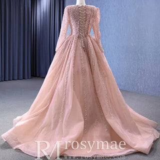 High-end Long Sleeve Ball Gowns Evening Pageant Dress with Pearl Beaded - Rosymae