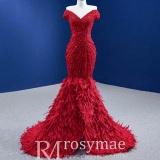High-end Luxury Red Evening Dress Trumpet Prom Gown with Feathers - Rosymae