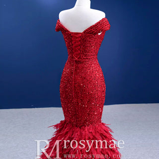 High-end Luxury Red Evening Dress Trumpet Prom Gown with Feathers - Rosymae