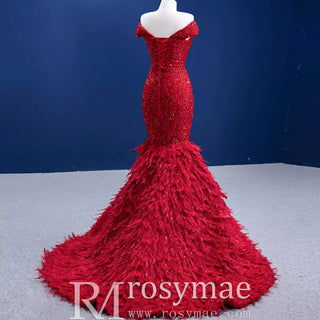 High-end Luxury Red Evening Dress Trumpet Prom Gown with Feathers - Rosymae
