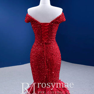 High-end Luxury Red Evening Dress Trumpet Prom Gown with Feathers - Rosymae