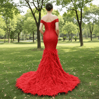 High-end Luxury Red Evening Dress Trumpet Prom Gown with Feathers - Rosymae