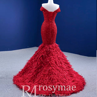 High-end Luxury Red Evening Dress Trumpet Prom Gown with Feathers - Rosymae