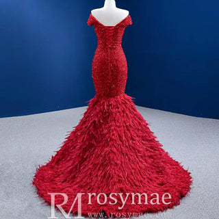 High-end Luxury Red Evening Dress Trumpet Prom Gown with Feathers - Rosymae