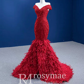 High-end Luxury Red Evening Dress Trumpet Prom Gown with Feathers - Rosymae