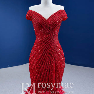 High-end Luxury Red Evening Dress Trumpet Prom Gown with Feathers - Rosymae