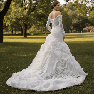 High-End Mermaid Wedding Gown Off-Shoulder Long Sleeve with Beaded Lace - Rosymae
