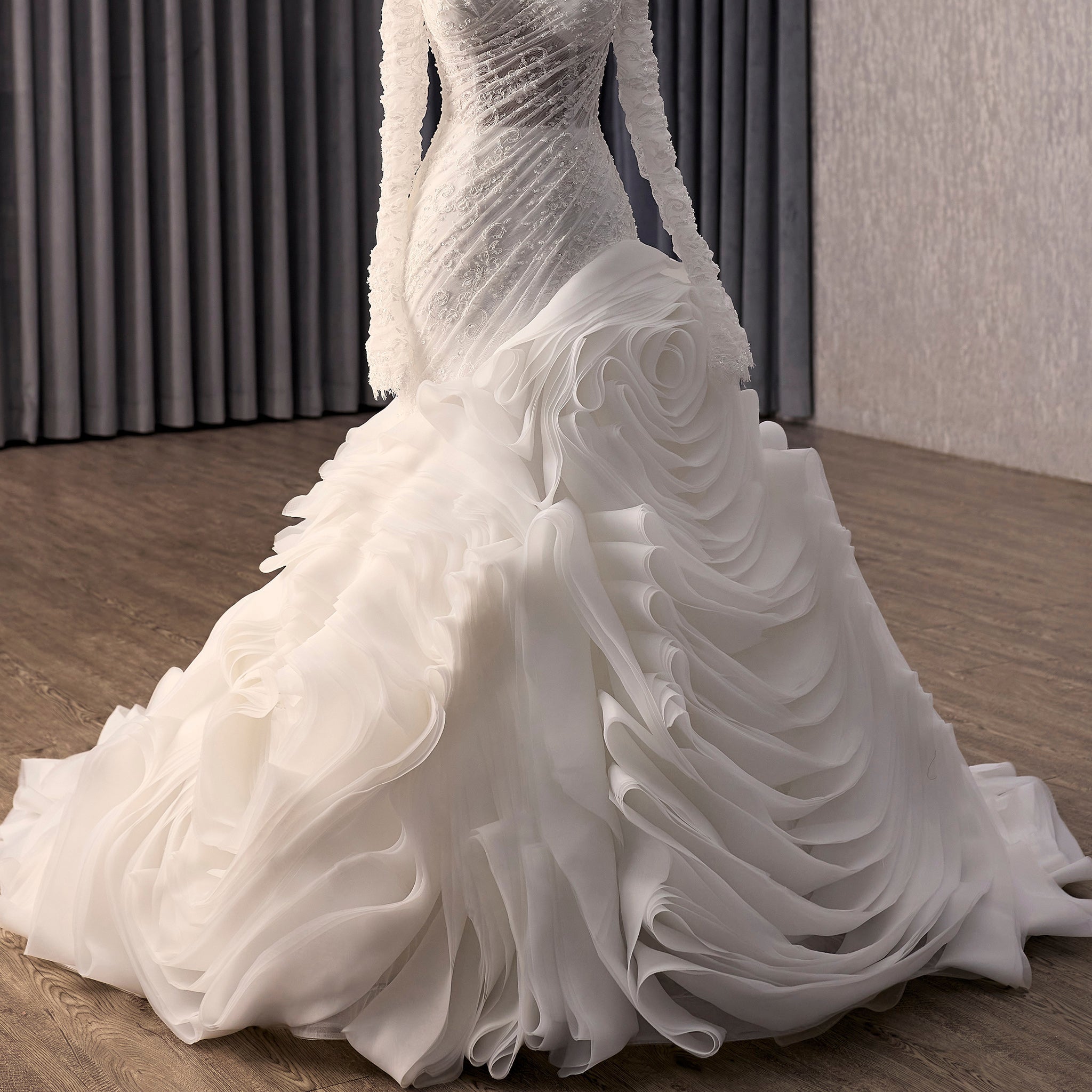 High-End Mermaid Wedding Gown Off-Shoulder Long Sleeve with Beaded Lace - Rosymae