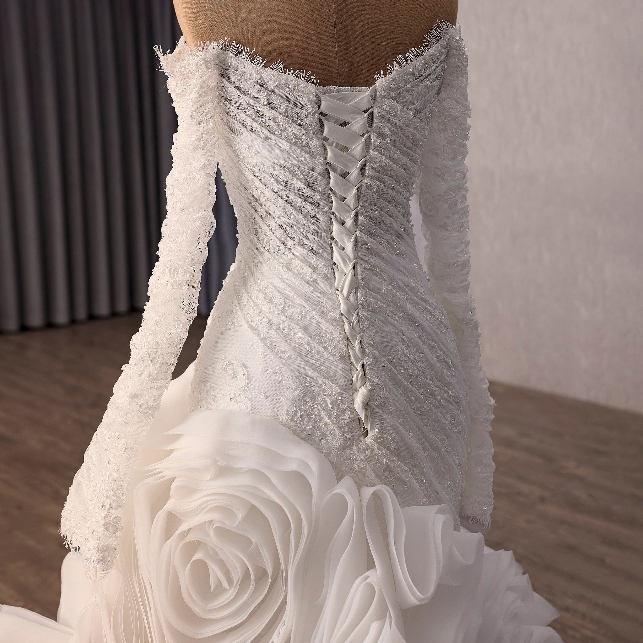 High-End Mermaid Wedding Gown Off-Shoulder Long Sleeve with Beaded Lace - Rosymae