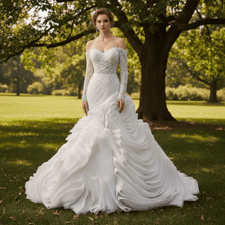 High-End Mermaid Wedding Gown Off-Shoulder Long Sleeve with Beaded Lace - Rosymae