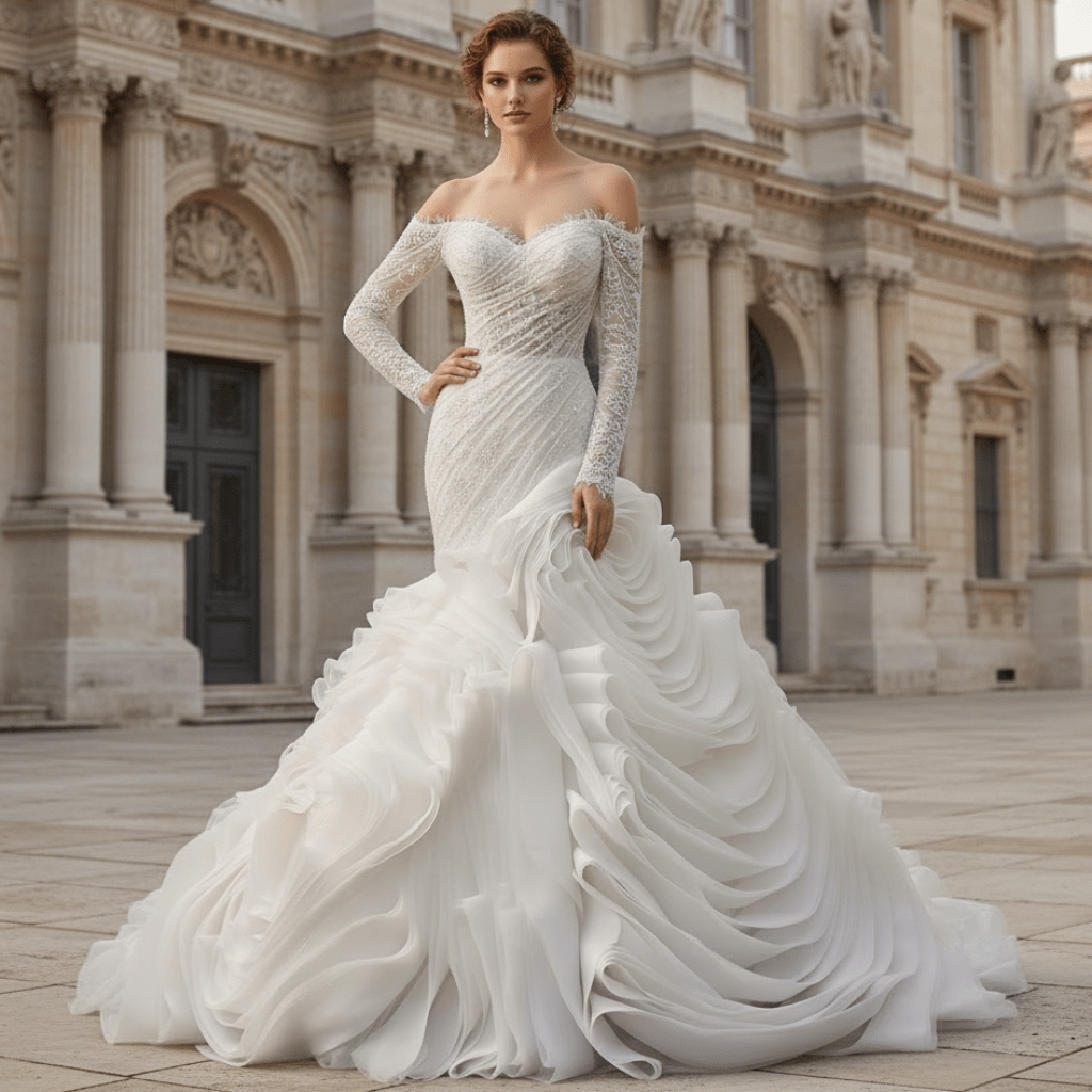 High-End Mermaid Wedding Gown Off-Shoulder Long Sleeve with Beaded Lace - Rosymae