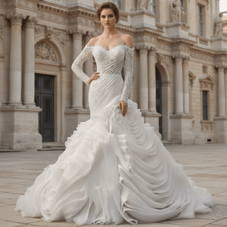 High-End Mermaid Wedding Gown Off-Shoulder Long Sleeve with Beaded Lace - Rosymae
