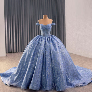 High-end Off Shoulder Blue Glitter Quinceañera Dress with Corset Back - Rosymae