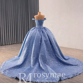 High-end Off Shoulder Blue Glitter Quinceañera Dress with Corset Back - Rosymae