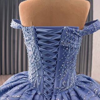 High-end Off Shoulder Blue Glitter Quinceañera Dress with Corset Back - Rosymae