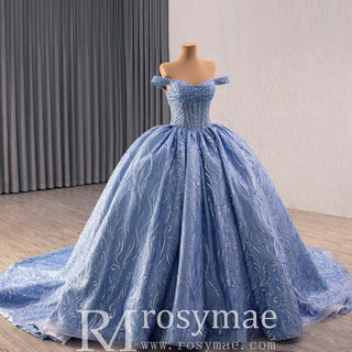 High-end Off Shoulder Blue Glitter Quinceañera Dress with Corset Back - Rosymae