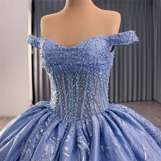High-end Off Shoulder Blue Glitter Quinceañera Dress with Corset Back - Rosymae