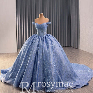 High-end Off Shoulder Blue Glitter Quinceañera Dress with Corset Back - Rosymae