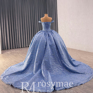 High-end Off Shoulder Blue Glitter Quinceañera Dress with Corset Back - Rosymae