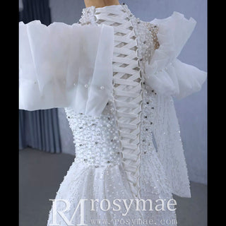 High-end One Shoulder Long Sleeve Wedding Dress with High Back - Rosymae