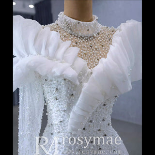 High-end One Shoulder Long Sleeve Wedding Dress with High Back - Rosymae