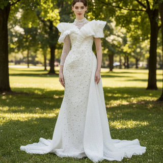 High-end One Shoulder Long Sleeve Wedding Dress with High Back - Rosymae